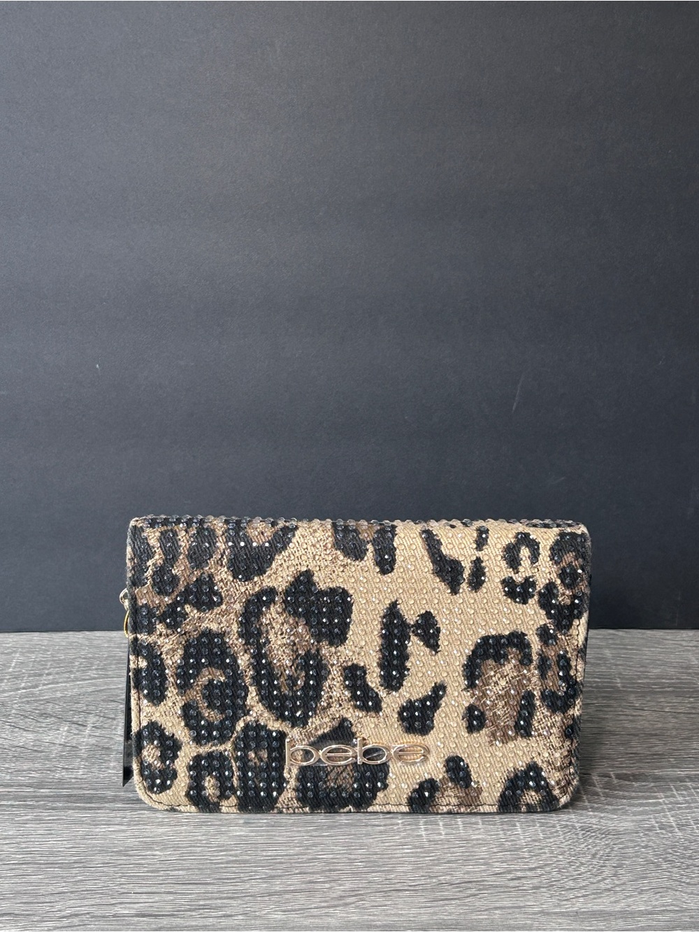 bebe Leopard Sequin Clutch in Beige and Black